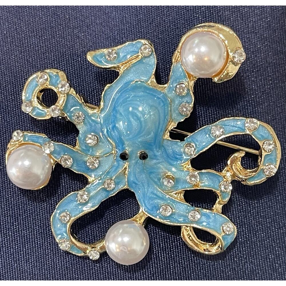 NWOT Octopus Brooch Pin Blue Enamel Imitation Pearl Rhinestone Gold Tone Brass